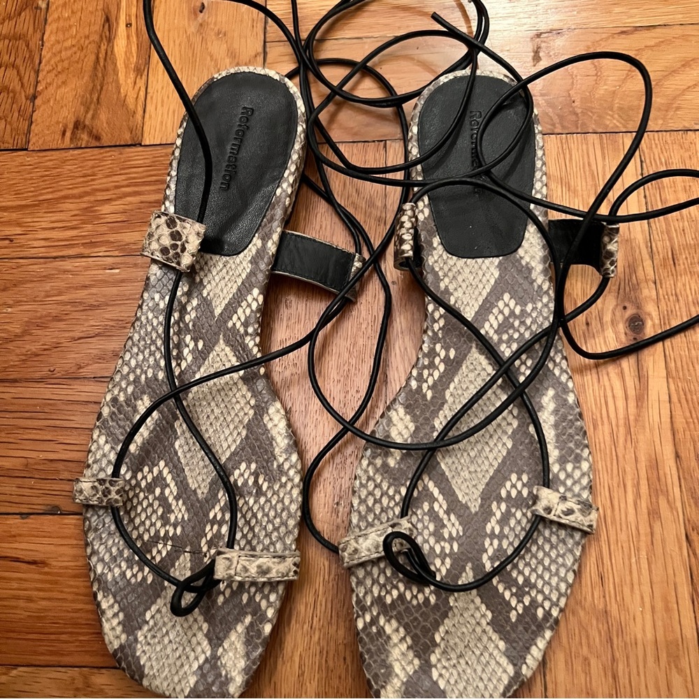 The Reformation “alize” sandals in tan/snake